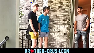 Hot brothers fuck their horny older neighbour in gay threesome